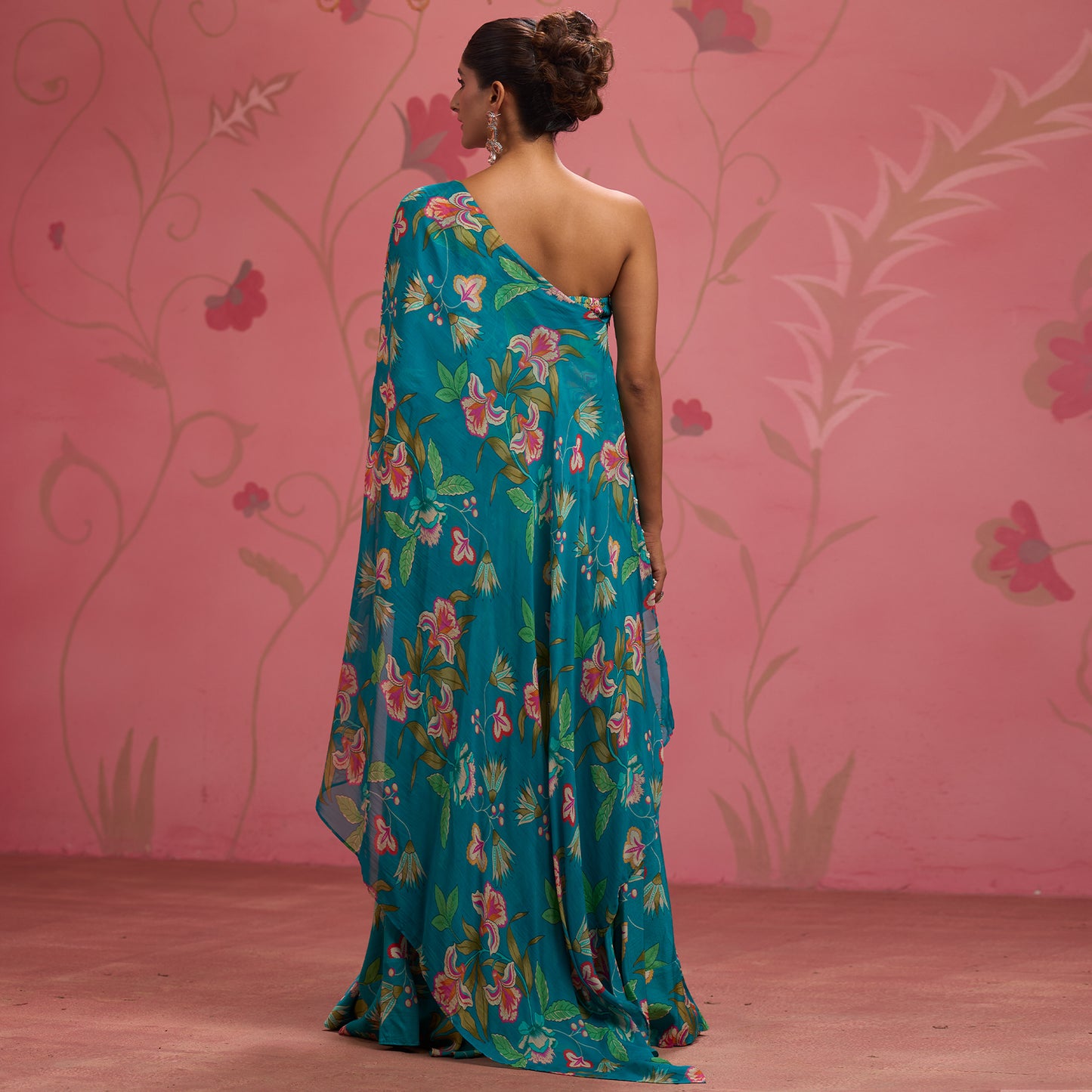 Bloom Story – Teal One-Shoulder Hand-Embroidered Cape Top Set