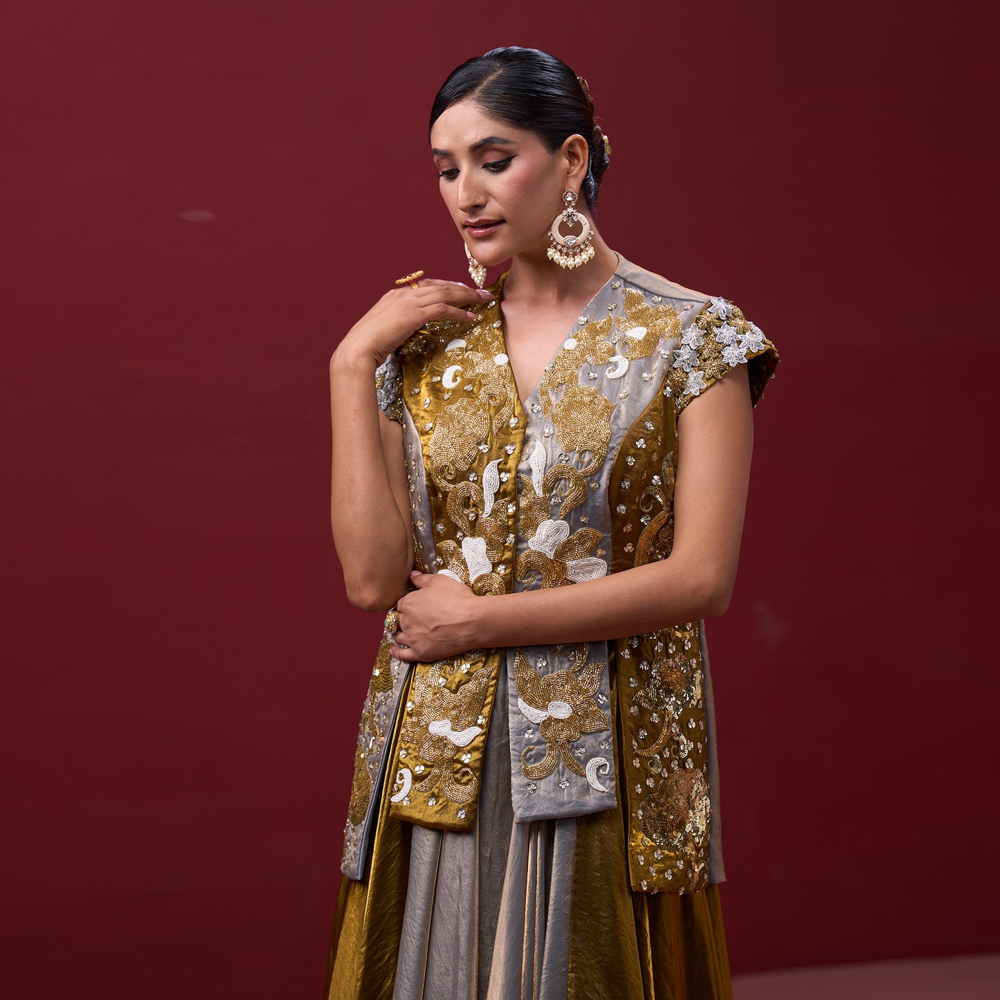 Flare Golden & Silver Skirt with Embellished Top