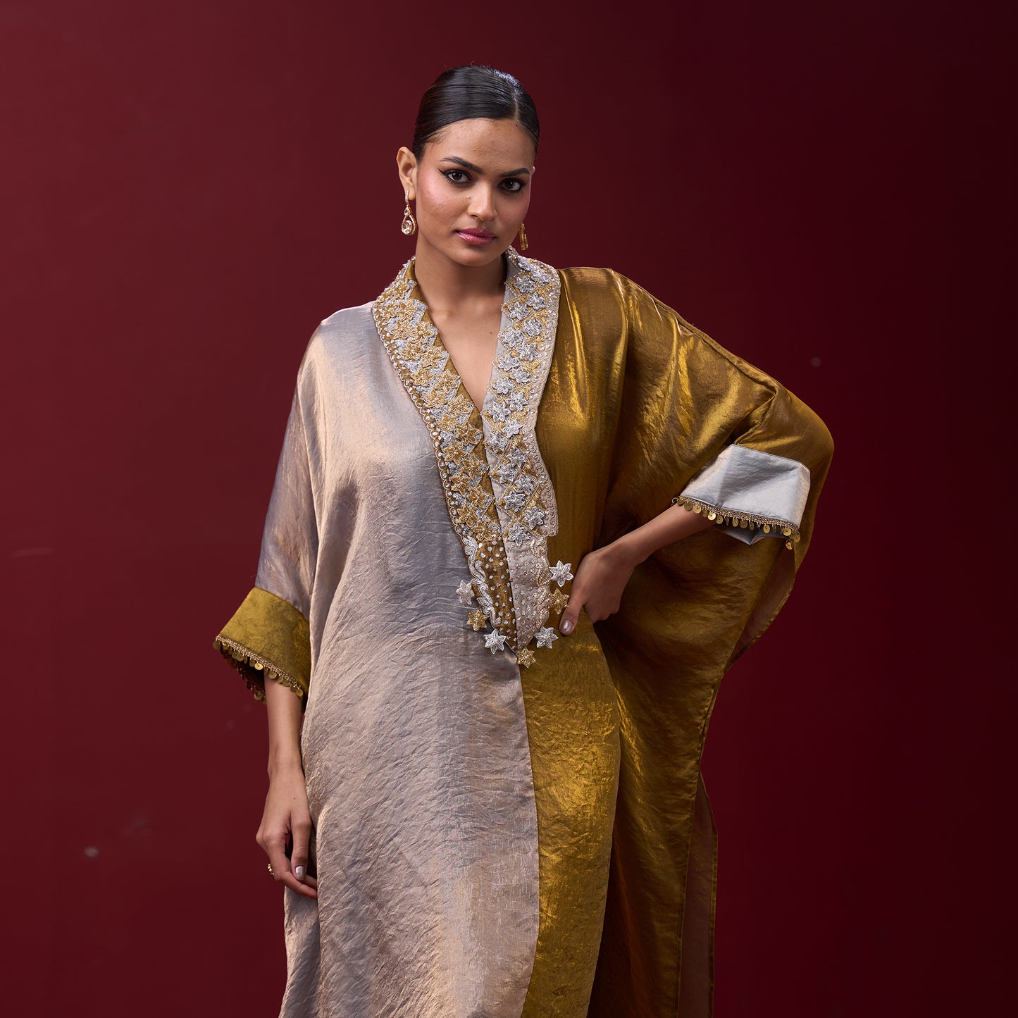 Embellished Golden & Silver Neck Kaftan Set