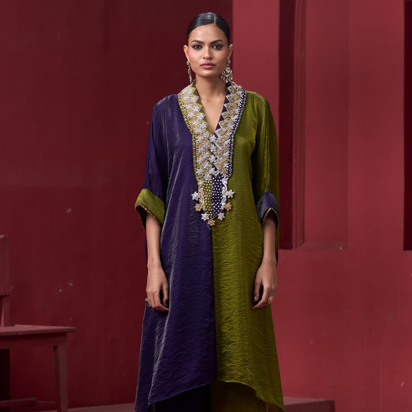 Embellished Purple & Green Neck Kaftan Set