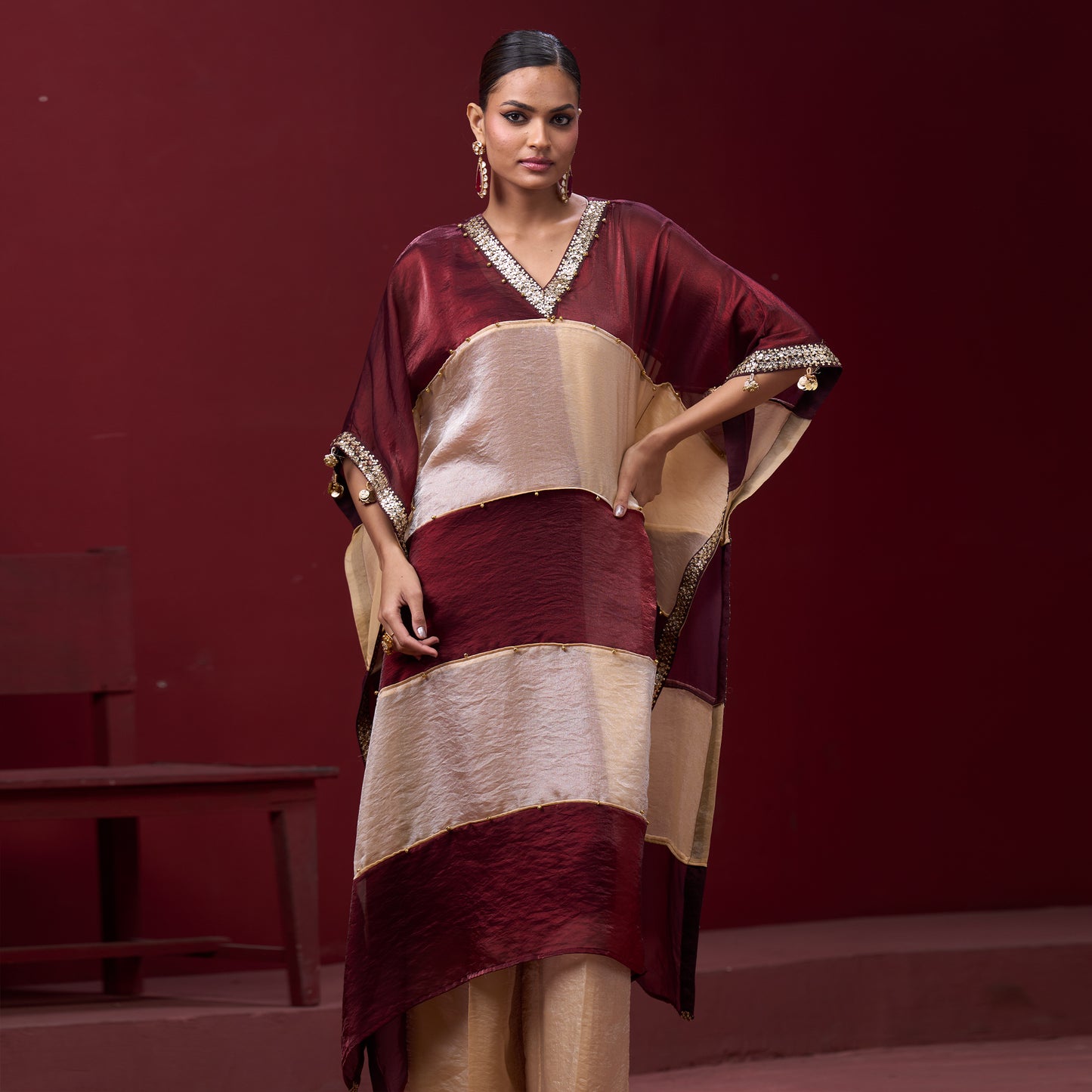 Embellished Red & Cream Neck Kaftan Set