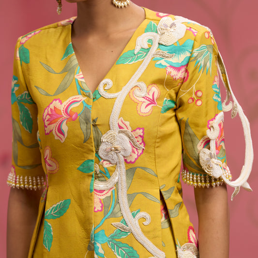 Bloom Story – Mustard Floral Hand-Embroidered Draped Fusion Set
