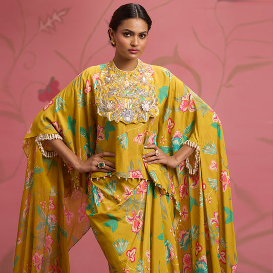 Bloom Story – Mustard Bloom Hand-Embroidered Cape Top Set