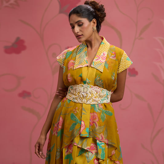 Bloom Story – Mustard Floral Indo-Western Layered Dress with Embroidered Waist Belt