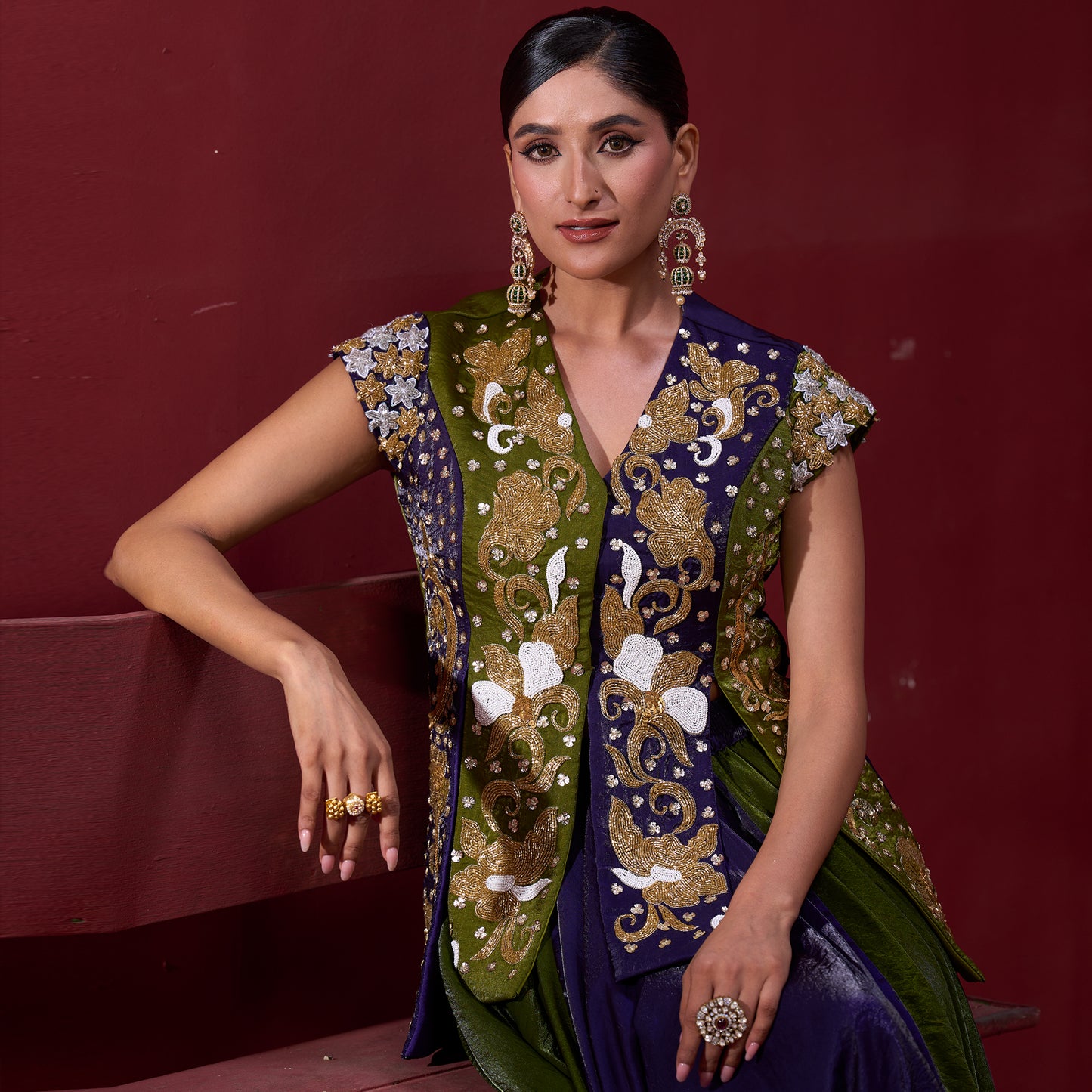 Flare Purple & Green Skirt with Embellished Top