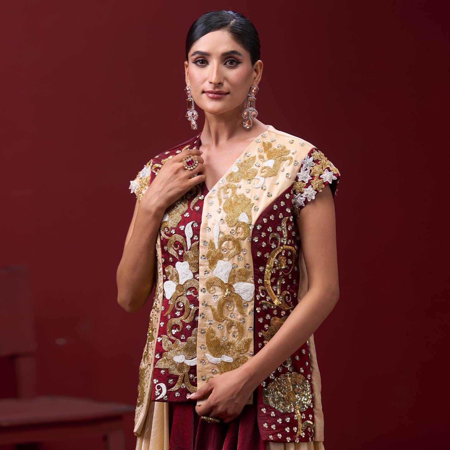 Flare Red & Cream Skirt with Embellished Top