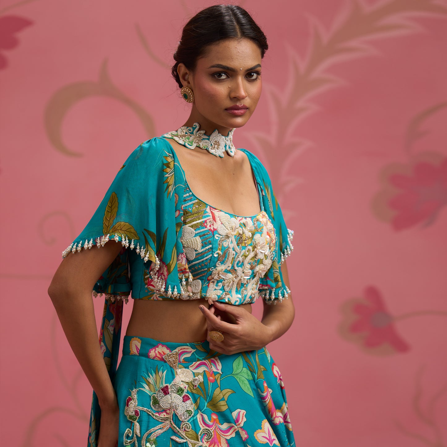 Bloom Story – Teal Blossom Hand-Embroidered Lehenga Set