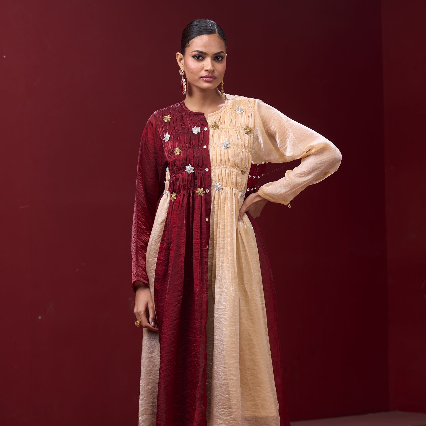 Flare embellished Red & Cream kurta Dress