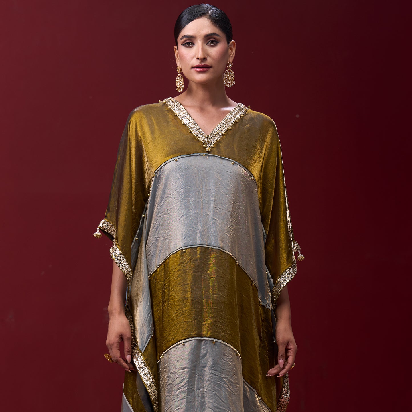 Embellished Golden & Silver Neck Kaftan Set