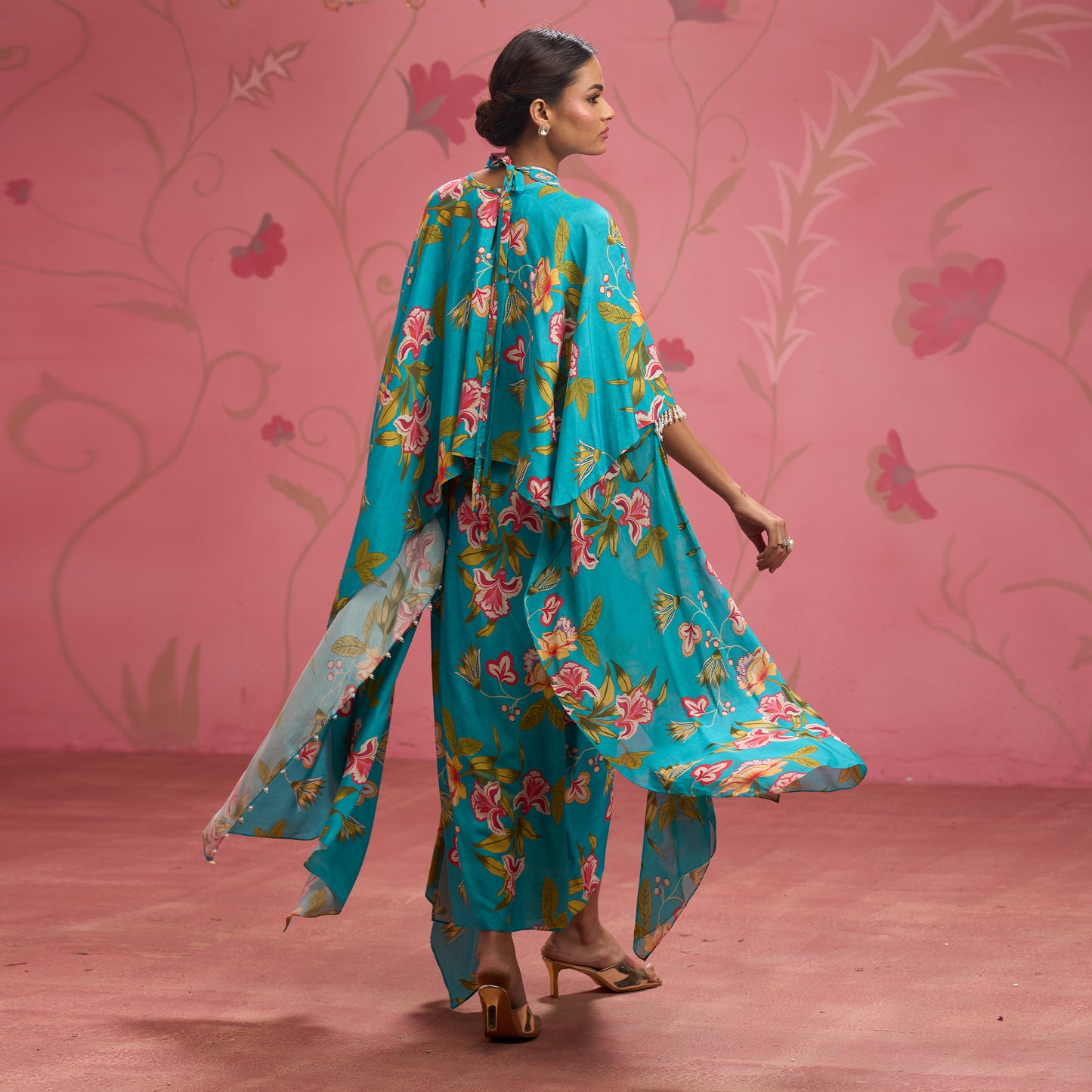 Bloom Story – Teal Garden Hand-Embroidered Cape Set