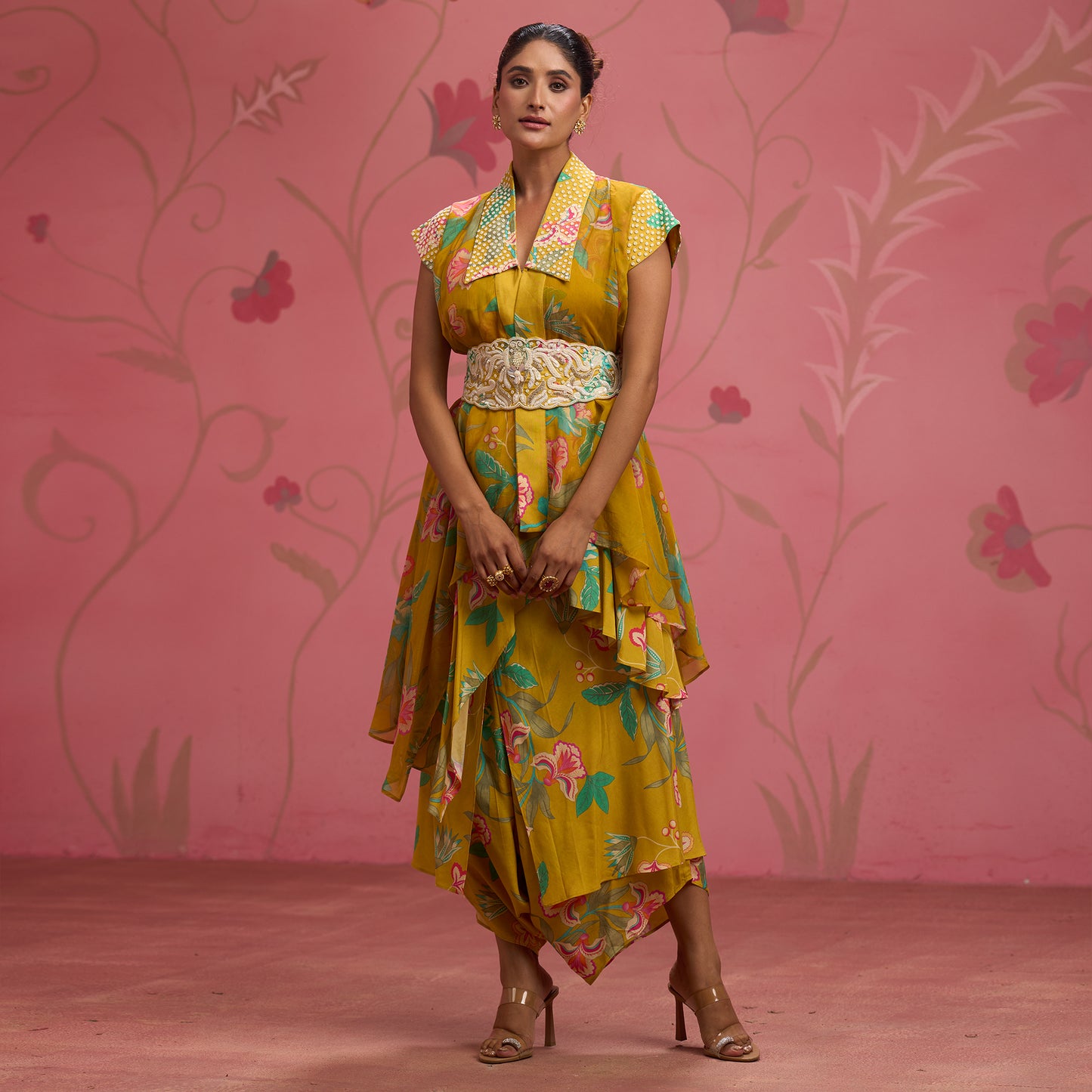 Bloom Story – Mustard Floral Indo-Western Layered Dress with Embroidered Waist Belt