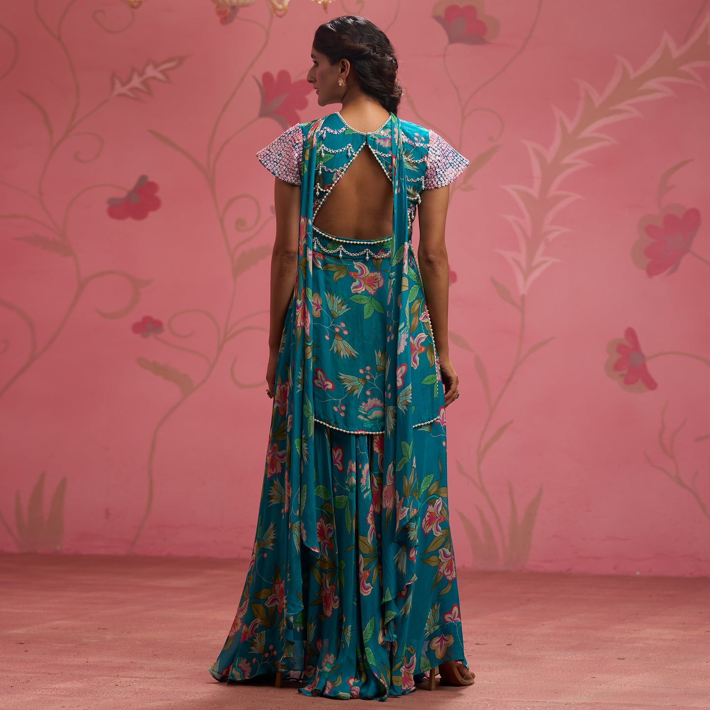 Bloom Story – Teal Garden Hand-Embroidered Layered Floral Dress