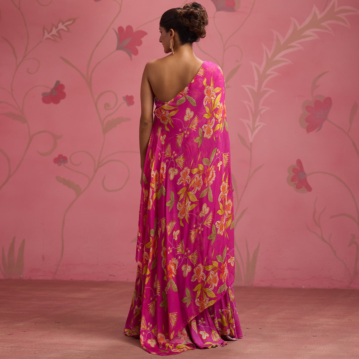Bloom Story – Rose Pink One-Shoulder Hand-Embroidered Cape Top Set