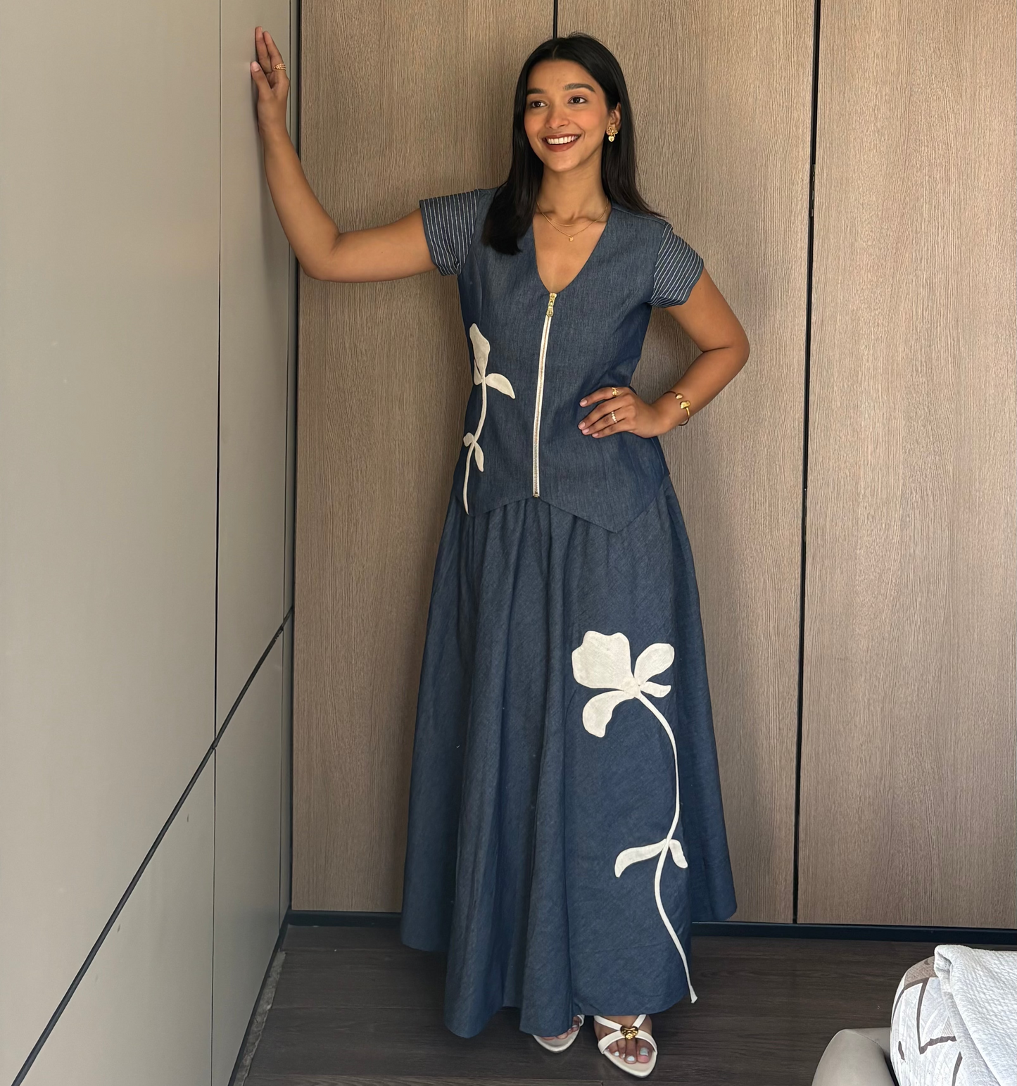 Indigo Petal Denim Waistcoat Top & Flare Skirt Set