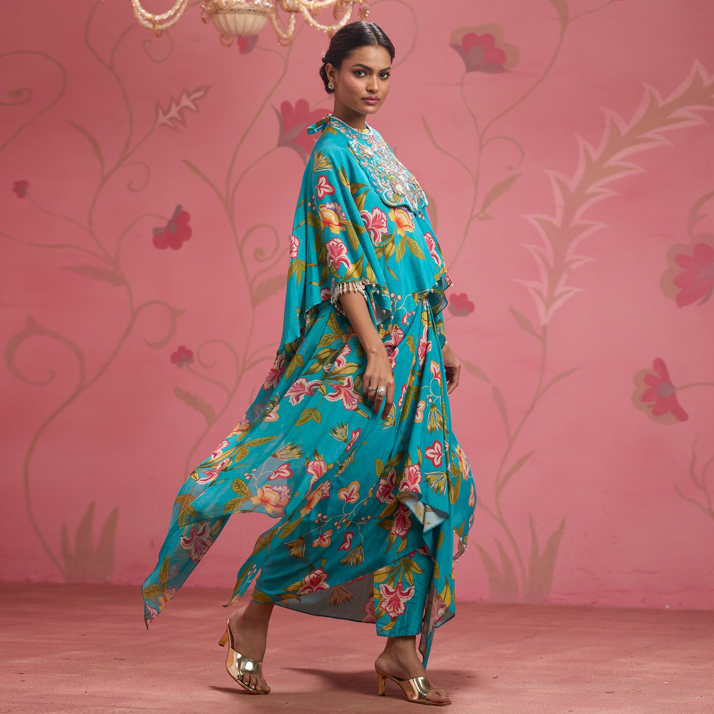 Bloom Story – Teal Garden Hand-Embroidered Cape Set