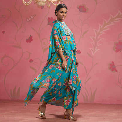 Bloom Story – Teal Garden Hand-Embroidered Cape Set