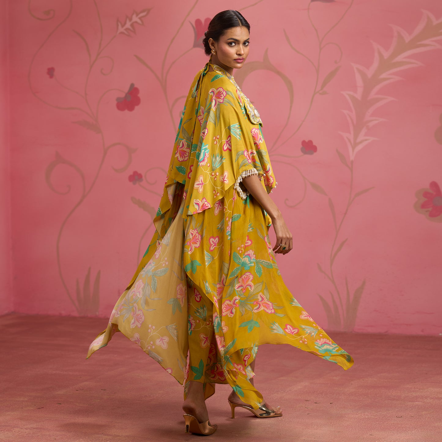 Bloom Story – Mustard Bloom Hand-Embroidered Cape Top Set