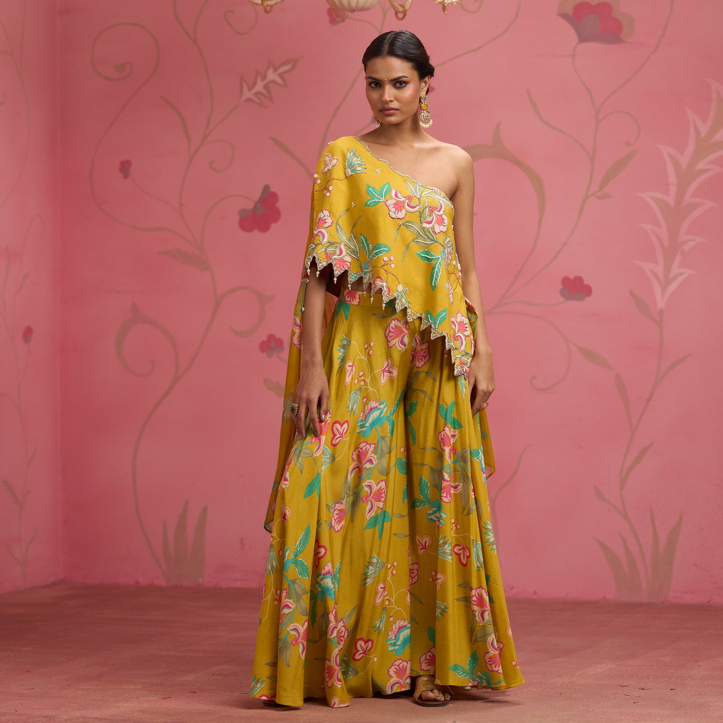 Bloom Story – Mustard One-Shoulder Hand-Embroidered Cape Top Set