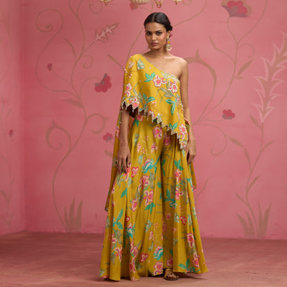 Bloom Story – Mustard One-Shoulder Hand-Embroidered Cape Top Set