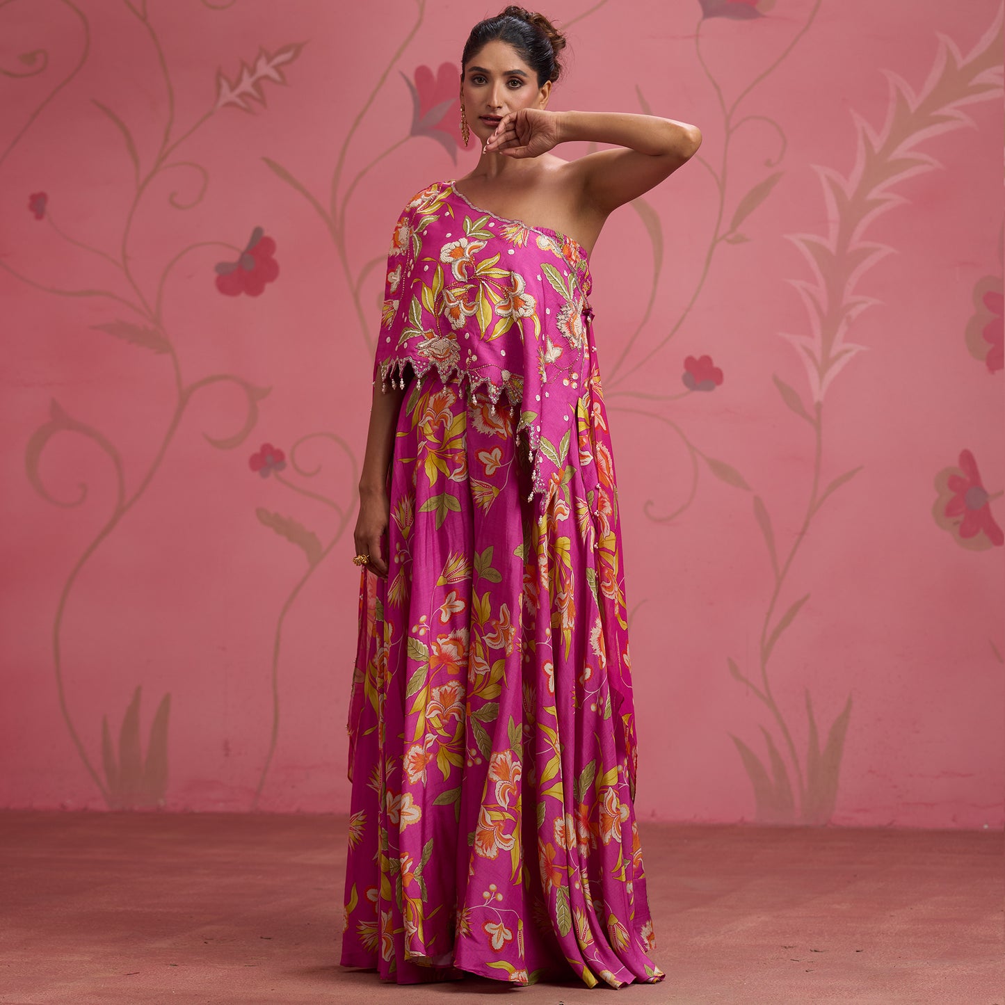 Bloom Story – Rose Pink One-Shoulder Hand-Embroidered Cape Top Set