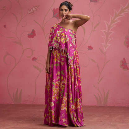 Bloom Story – Rose Pink One-Shoulder Hand-Embroidered Cape Top Set