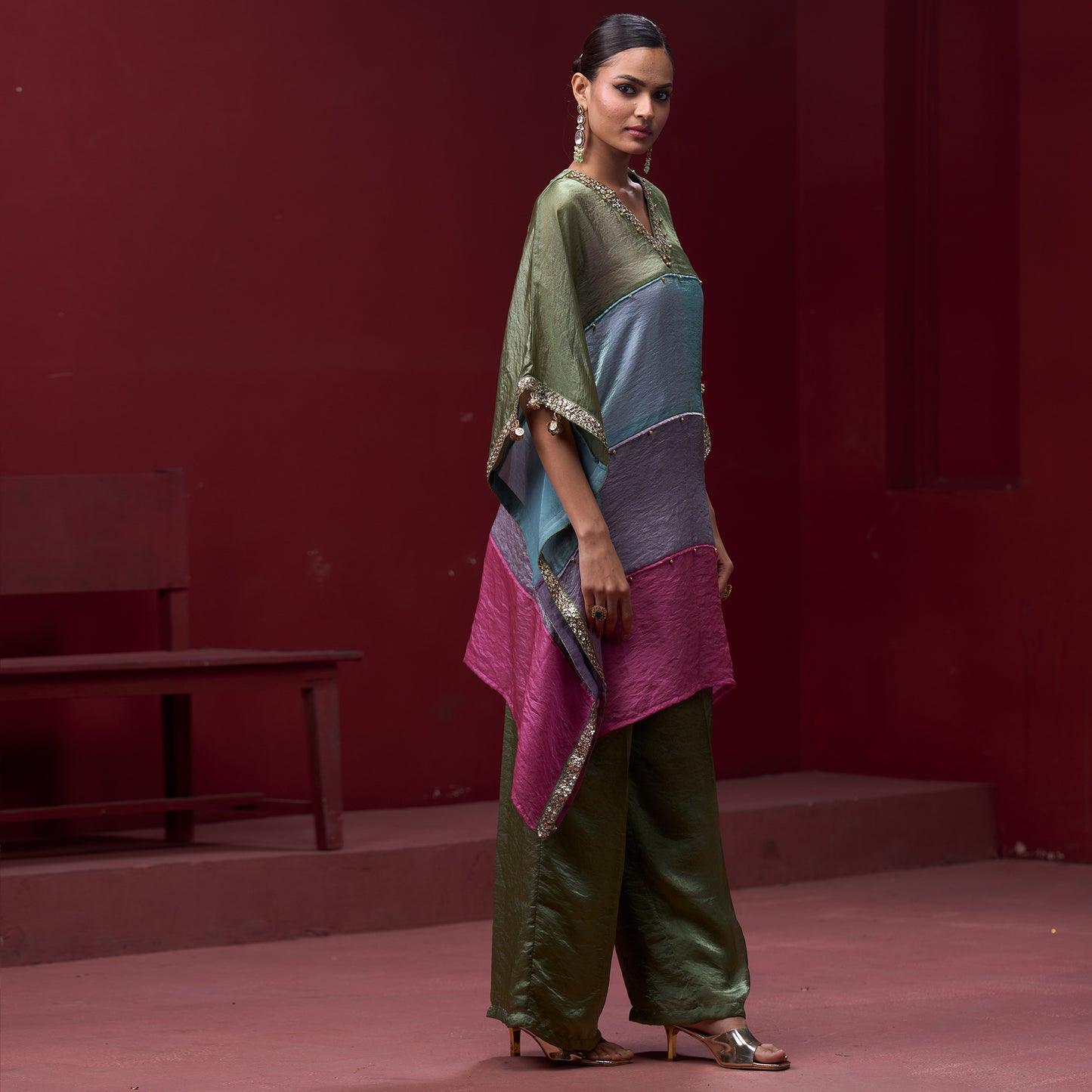 Embellished Candy 4 Color Neck Kaftan Set