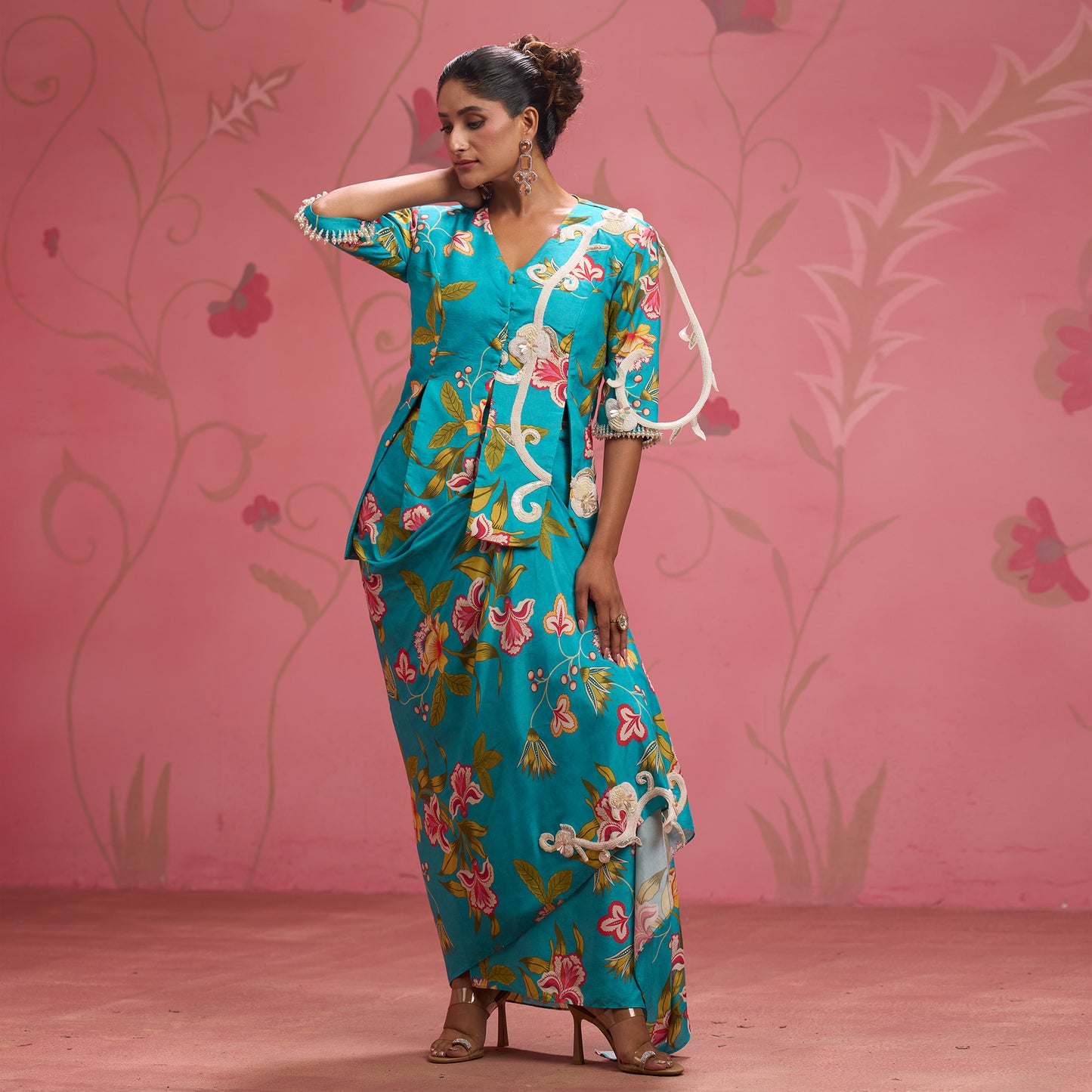Bloom Story – Teal Hand-Embroidered Draped Fusion Set