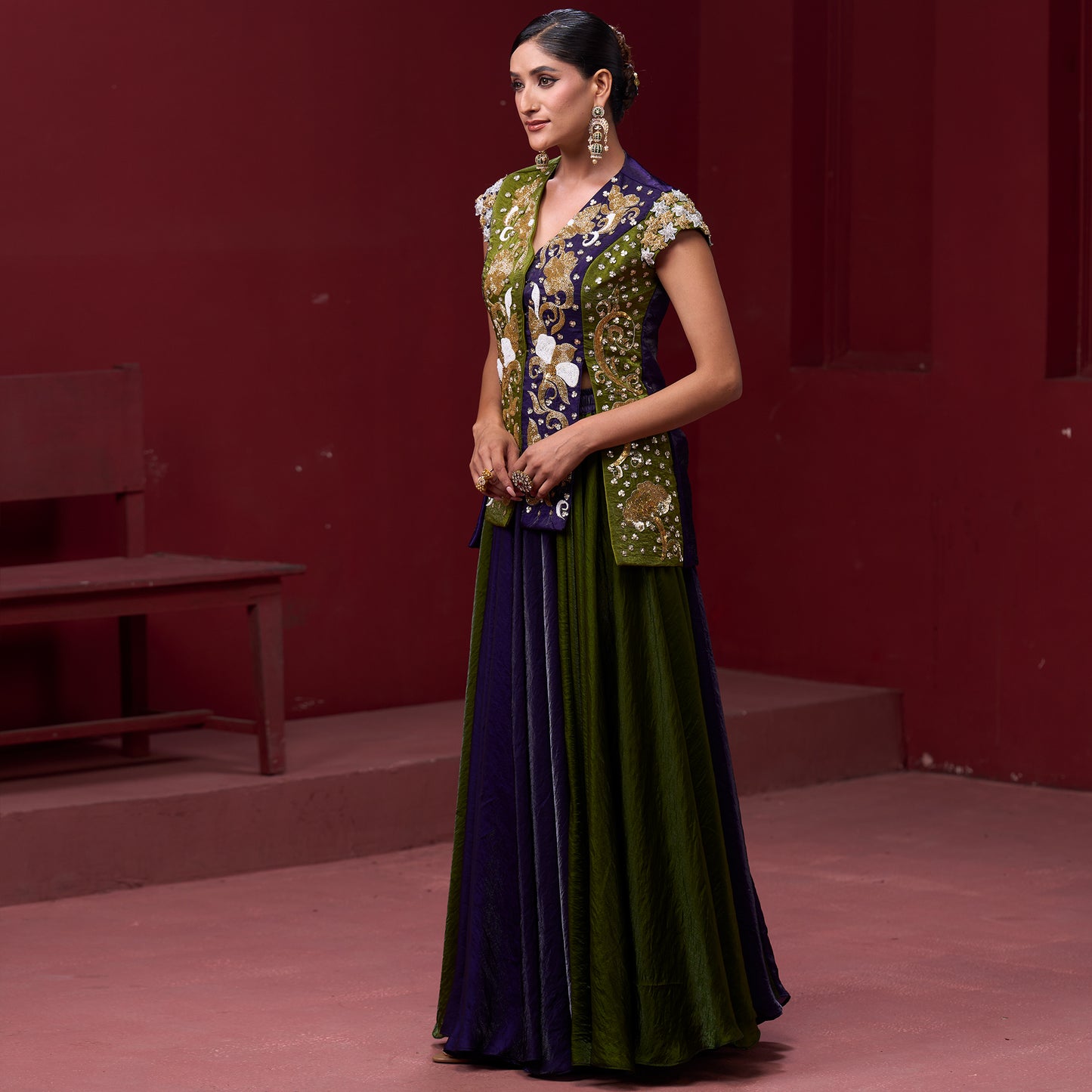 Flare Purple & Green Skirt with Embellished Top