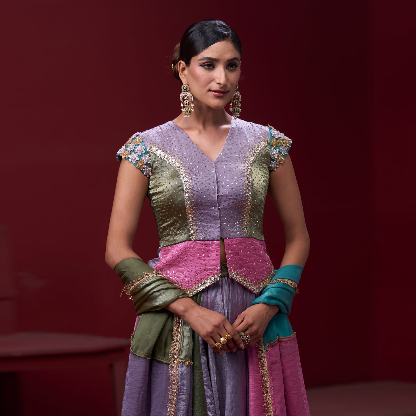 Drape Pink & Turquoise Skirt with Embellished Top and Dupatta