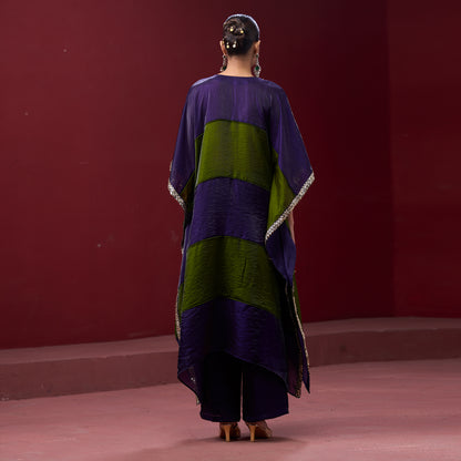 Embellished Purple & Green Neck Kaftan Set