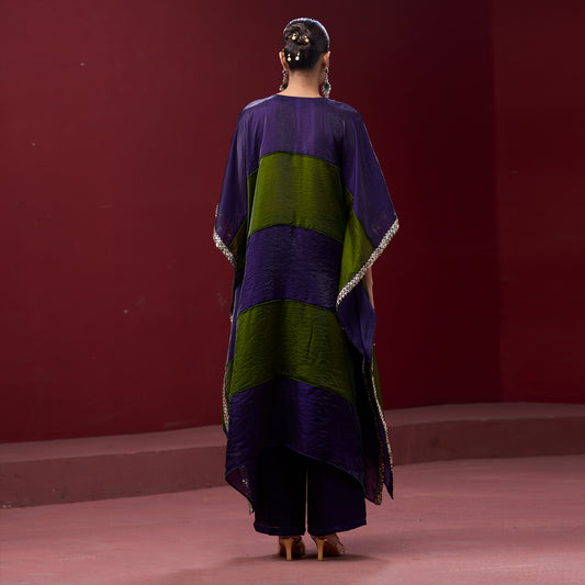 Embellished Purple & Green Neck Kaftan Set
