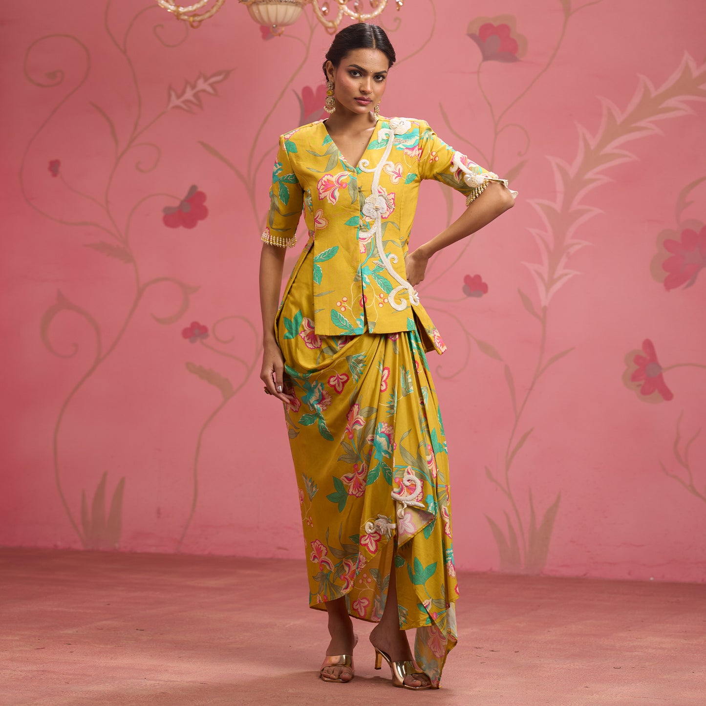 Bloom Story – Mustard Floral Hand-Embroidered Draped Fusion Set