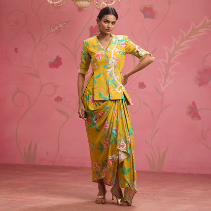 Bloom Story – Mustard Floral Hand-Embroidered Draped Fusion Set