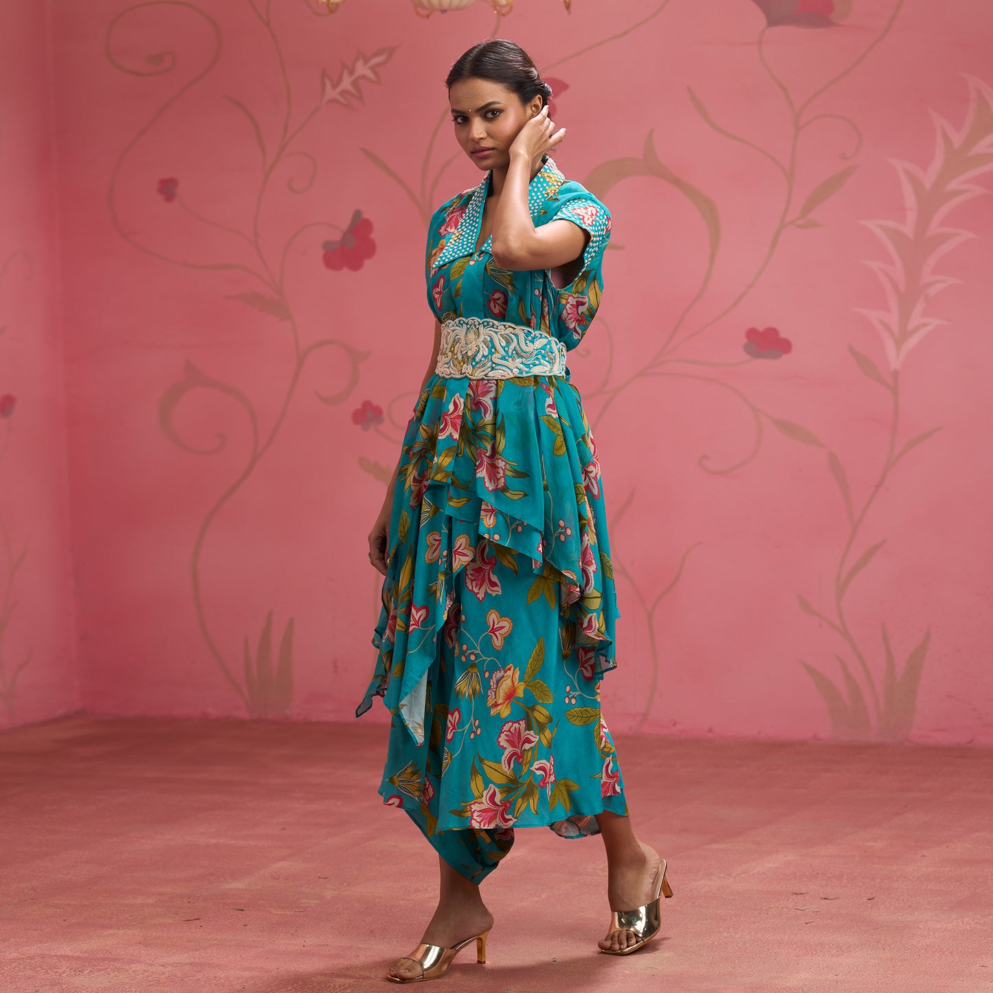 Bloom Story – Teal Floral Indo-Western Layered Dress with Embroidered Waist Belt
