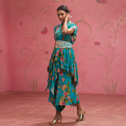 Bloom Story – Teal Floral Indo-Western Layered Dress with Embroidered Waist Belt