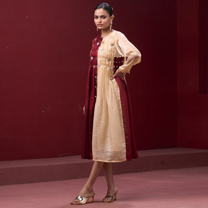 Flare embellished Red & Cream kurta Dress