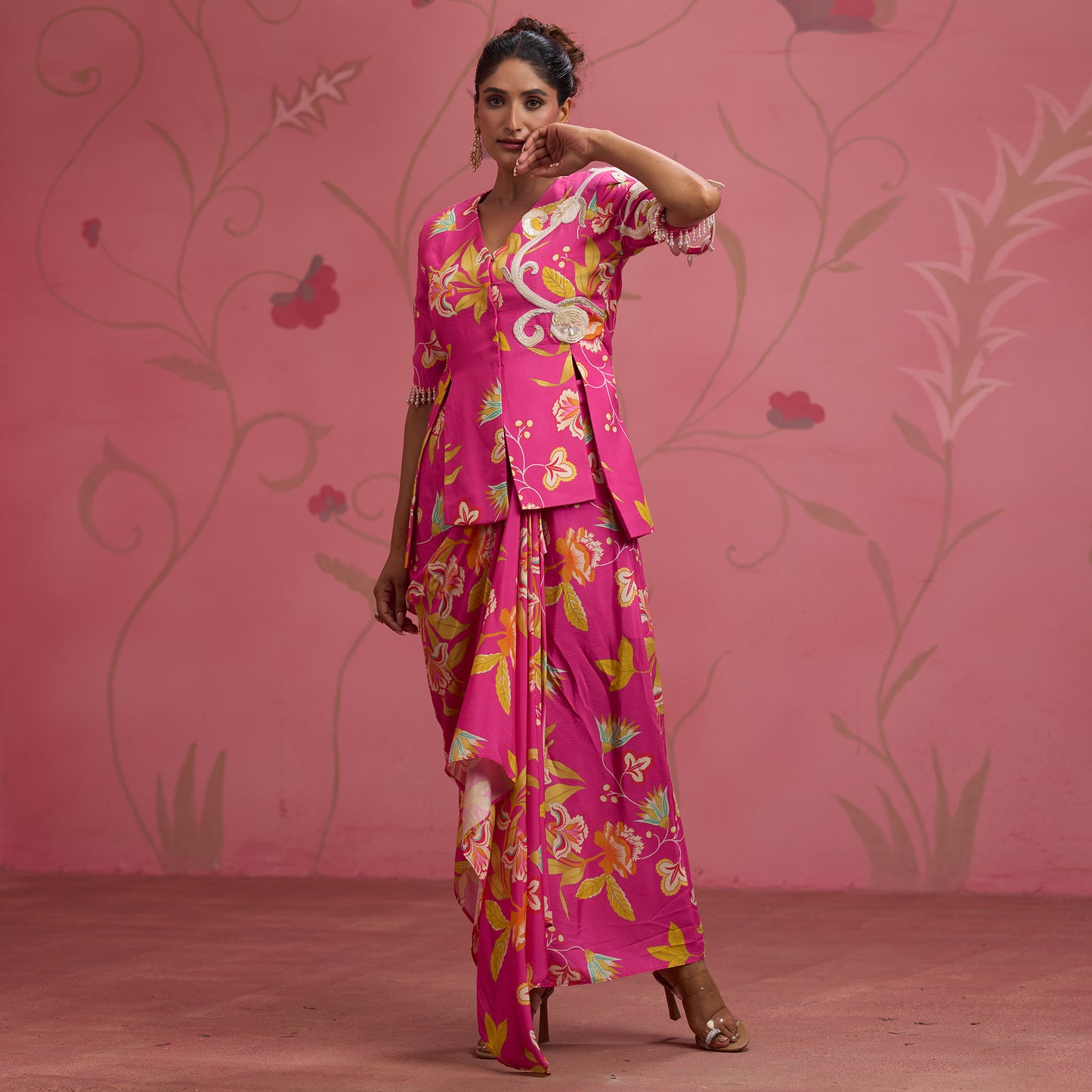 Bloom Story – Rose Pink Hand-Embroidered Draped Fusion Set