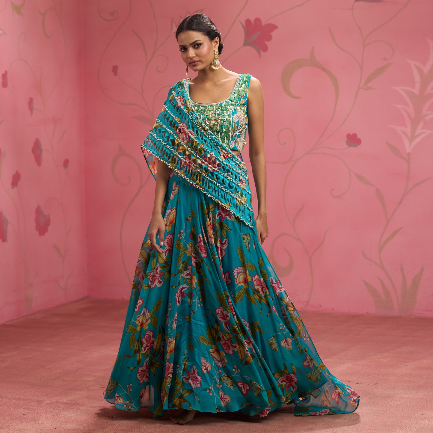 Bloom Story – Teal Floral Handcrafted Draped Lehenga Set