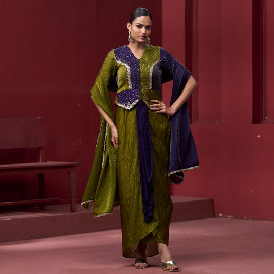 Drape Purple & Green Skirt with Embellished Top and Dupatta