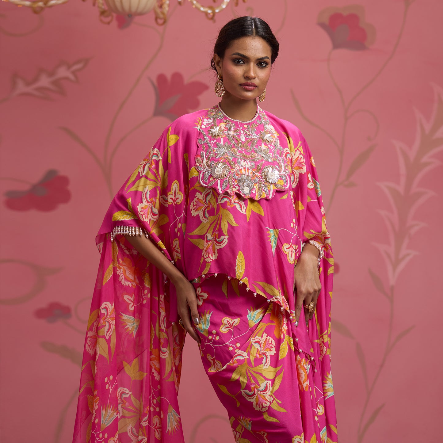 Bloom Story – Rose Pink Hand-Embroidered Cape Top Set