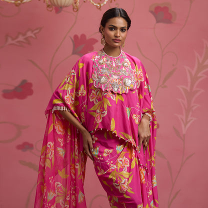 Bloom Story – Rose Pink Hand-Embroidered Cape Top Set