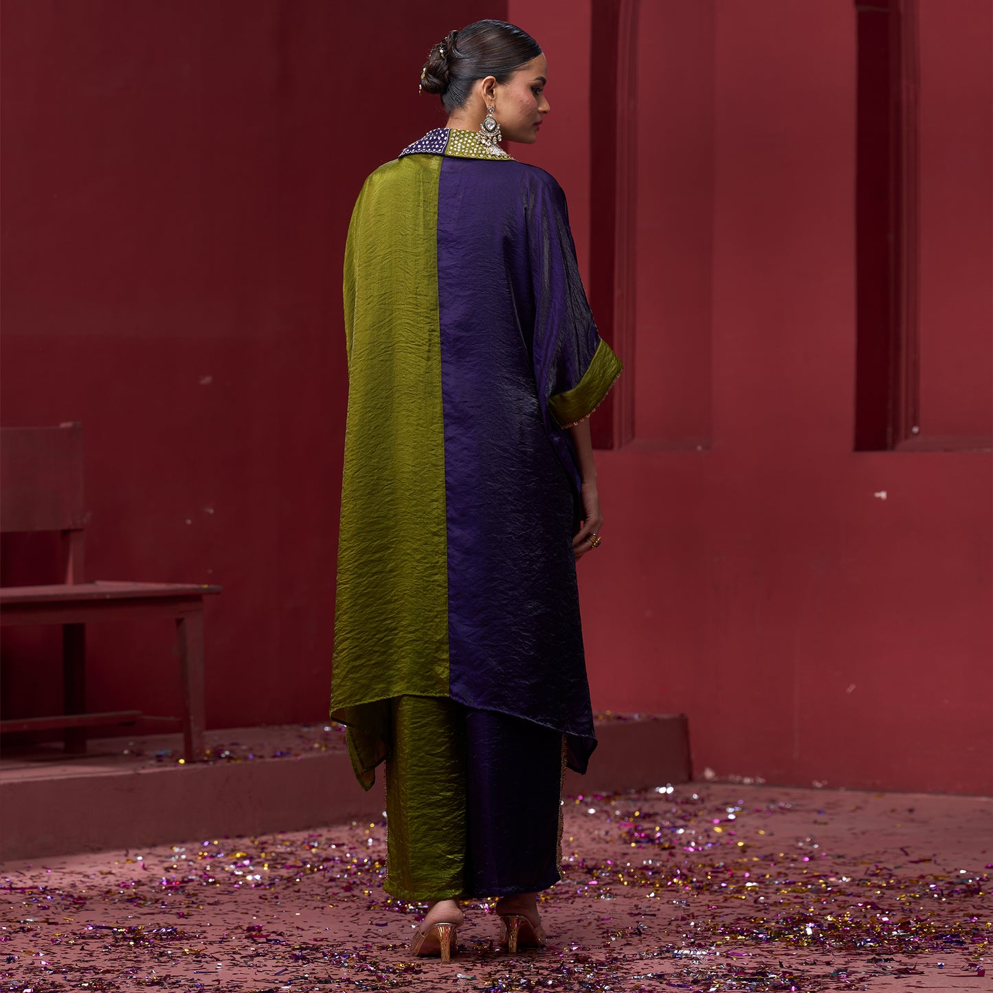 Embellished Purple & Green Neck Kaftan Set