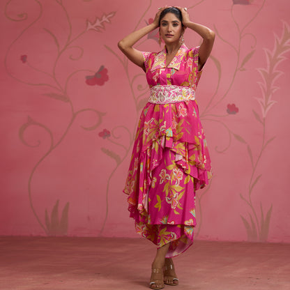 Bloom Story – Rose Pink Indo-Western Layered Dress with Embroidered Waist Belt