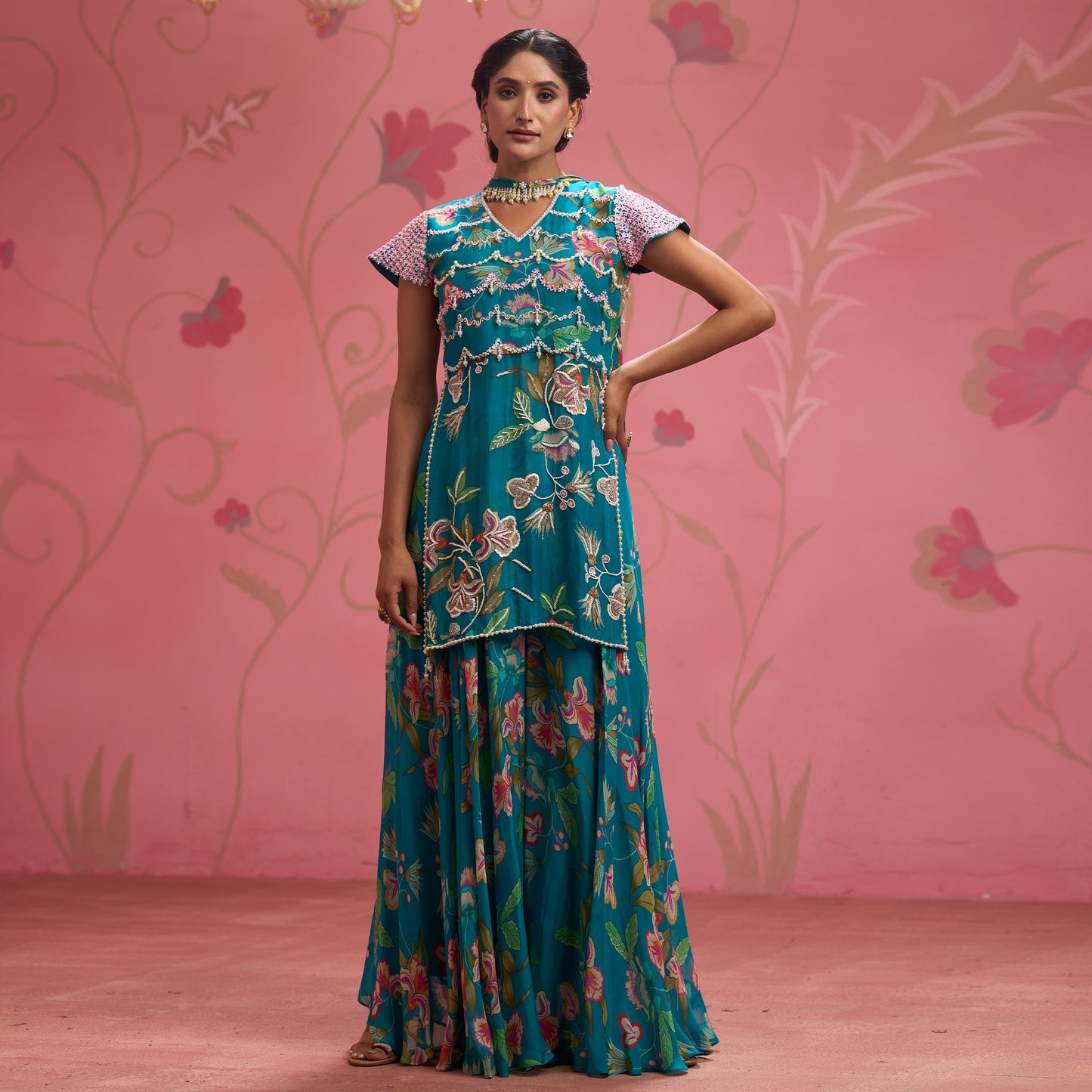 Bloom Story – Teal Garden Hand-Embroidered Layered Floral Dress