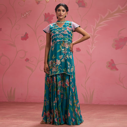 Bloom Story – Teal Garden Hand-Embroidered Layered Floral Dress