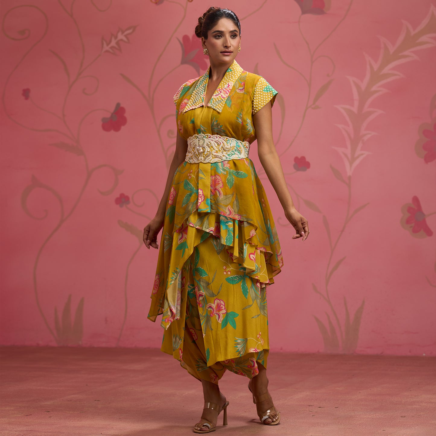 Bloom Story – Mustard Floral Indo-Western Layered Dress with Embroidered Waist Belt