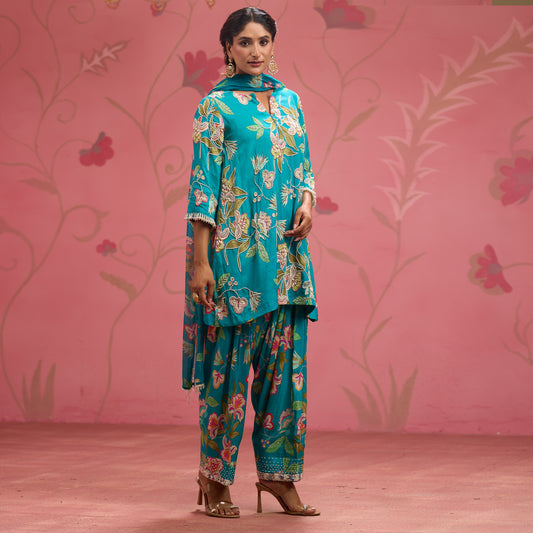 Bloom Story – Teal Garden Hand-Embroidered Kurta Set