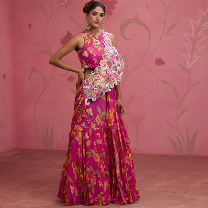 Bloom Story – Rose Pink Garden Handcrafted Draped Lehenga Set