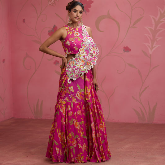 Bloom Story – Rose Pink Garden Handcrafted Draped Lehenga Set