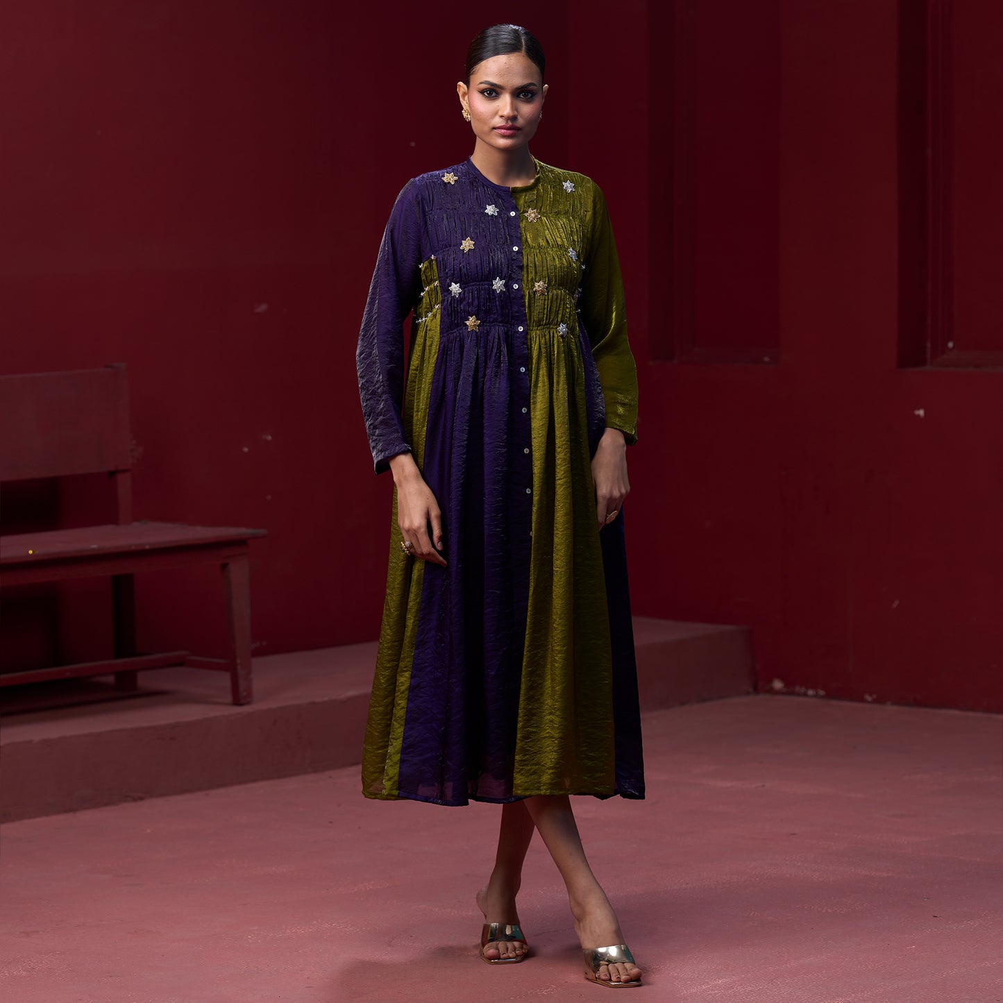Flare embellished Blue & Green kurta Dress